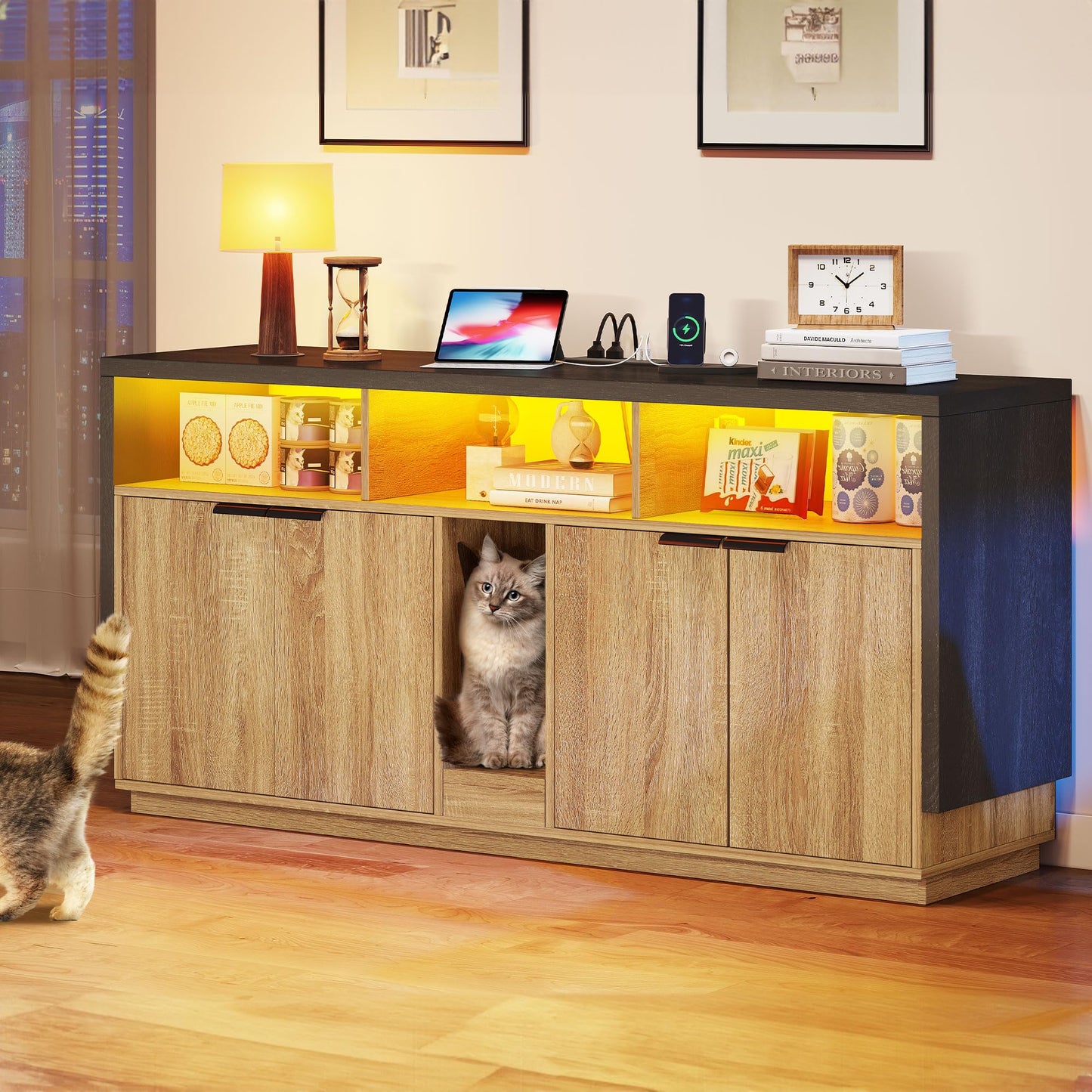 DWVO Cat Litter Box Enclosure for 2 Cats, Litter Box Furniture Hidden with Power Outlet & LED Light, Wooden Cat Cabinet TV Stand Furniture w Double Rooms for Indoor Cats, 59" L x15.7 W x27.5 H, Oak