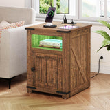 YITAHOME Farmhouse End Table with Charging Station, Nightstand Side Table Coffee Table with LED Lights Adjustable Shelf, Living Room End Table with Storage, Brown YITAHOME