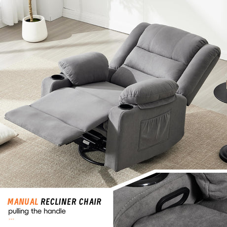 Sftaiyou 360°Swivel Rocker Recliner Chair for Adults,Manual Glider Recliner Sofa with Massage and Heating, Nursery Rocking Chairs with Cup Holds for Living Room Bedroom(Grey) Sftaiyou