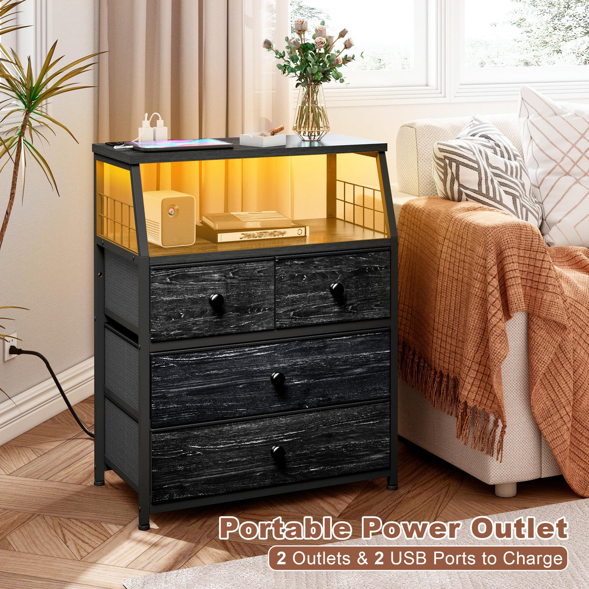EnHomee Nightstand Set of 2, Night Stand with Charging Station & LED Lights, Bedside Table with 4 Fabric Drawers for Bedroom, Side Table with Outlets and 2 USB Ports, Black EnHomee