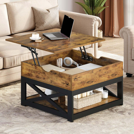 YITAHOME Lift Top Coffee Table with Storage, Farmhouse Coffee Tables for Living Room, Square Coffee Table with Lifting Top Wooden Coffee Tables Center Cocktail Table, Rustic Brown YITAHOME