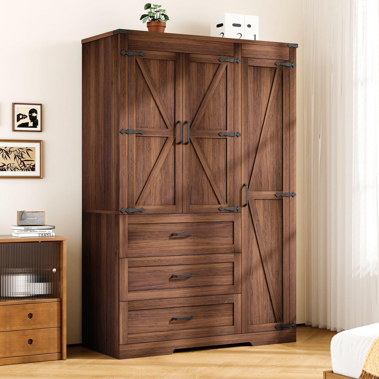 3 Door Armoire Wardrobe Closet Cabinet with 3 Drawers and Drawers, Farmhouse Bedroom Armoire with Hanging Rod and Adjustable Shelves, Large Capacity Storage Wardrobe Armoire for Bedroom, Brown DalyLuxa