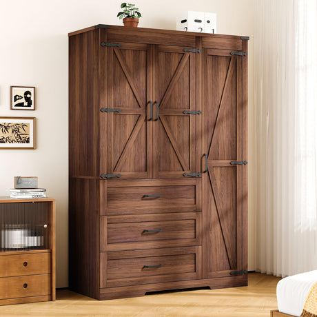 3 Door Armoire Wardrobe Closet Cabinet with 3 Drawers and Drawers, Farmhouse Bedroom Armoire with Hanging Rod and Adjustable Shelves, Large Capacity Storage Wardrobe Armoire for Bedroom, Brown DalyLuxa