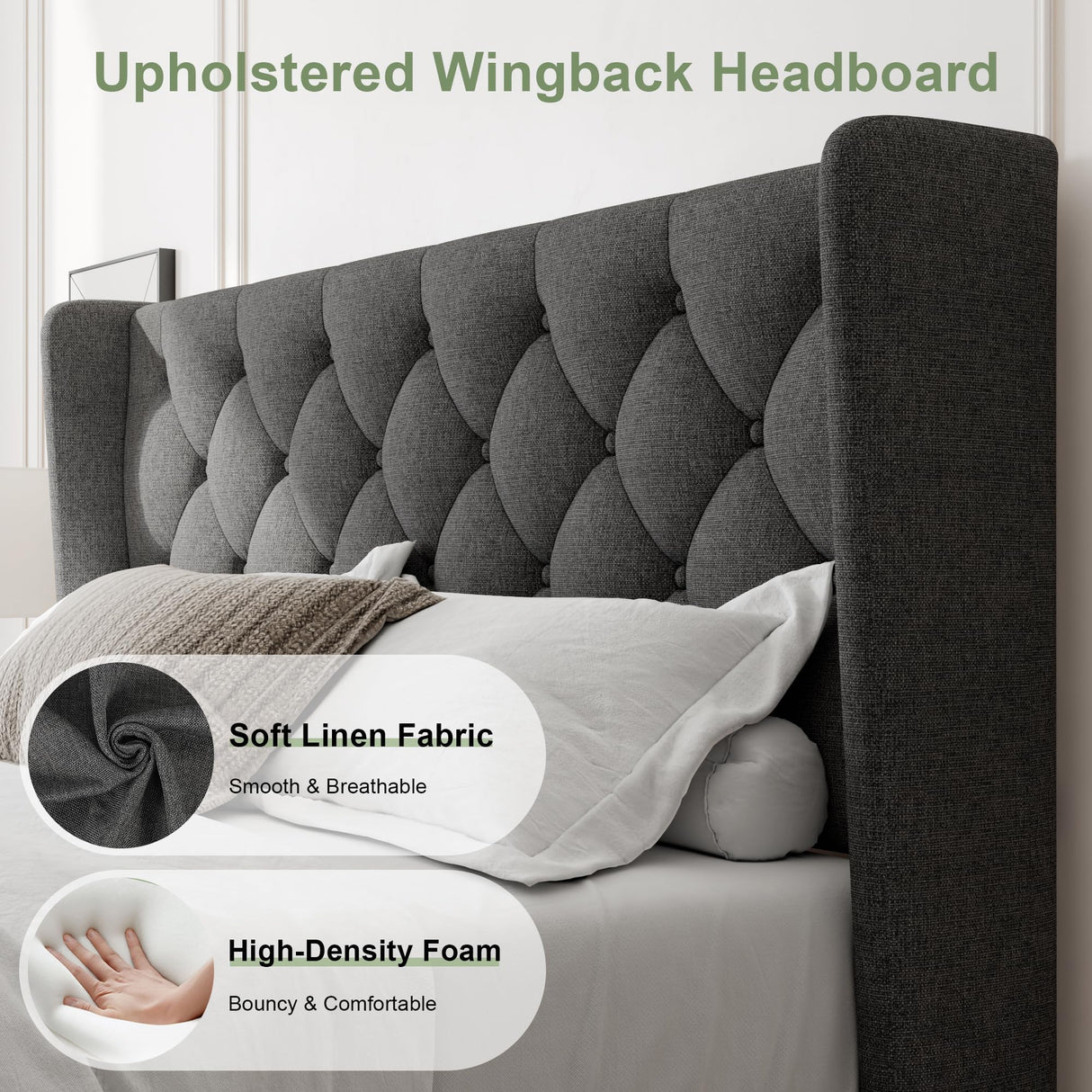 Feonase Queen Size Bed Frame with Diamond Tufted Wingback Headboard, Morden Upholstered Platform Bed, Sturdy Wooden Slats Support, Noise-Free, No Box Spring Needed, Easy Assembly, Dark Gray Feonase