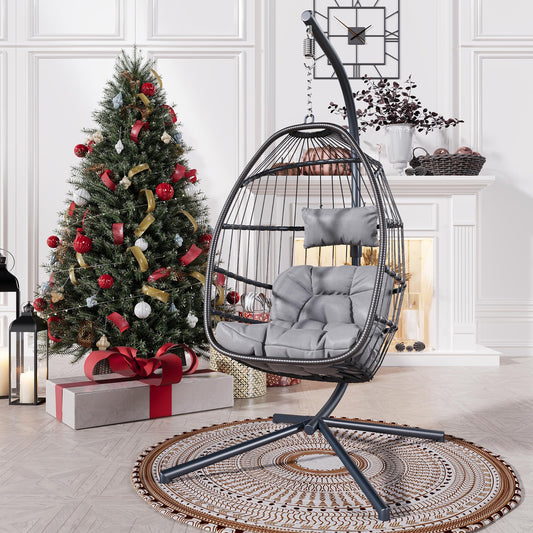 EcoTide Hanging Egg Chair with Stand, Indoor Outdoor Swing Egg Chair, Patio Wicker Rattan Hammock Egg Chairs with Cushion for Bedroom, Balcony, Garden,350LBS Capacity-Grey