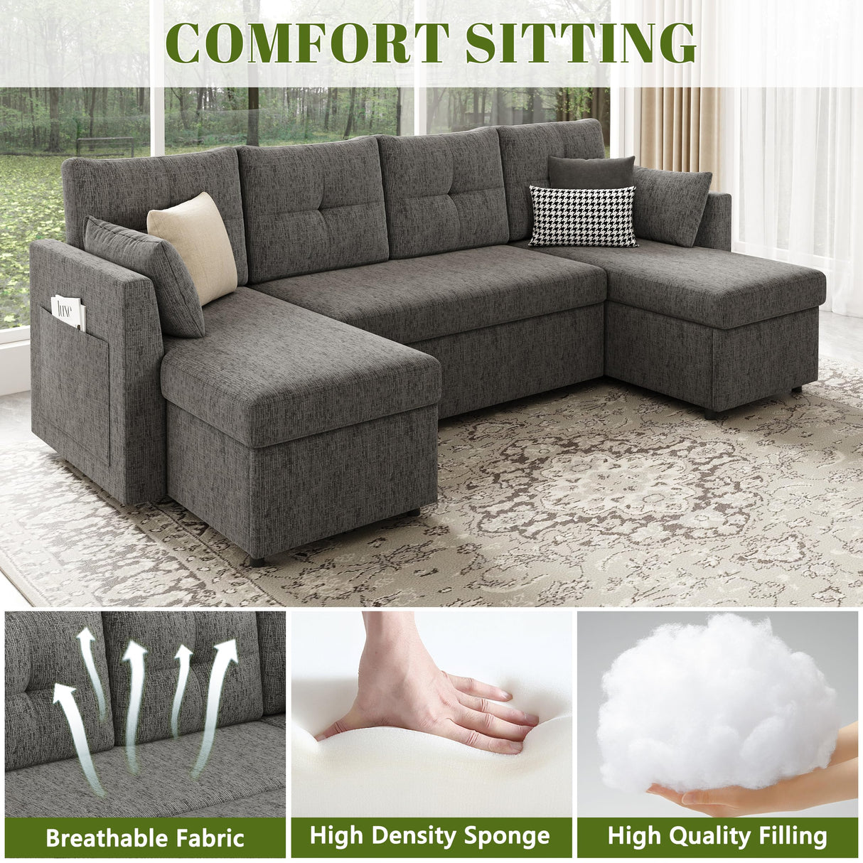 Huatean Home Oversized Sleeper Sofa Couch, 110 inch 2 in 1 Pullout Couch Bed with Double Storage Chaise, Sectional Sleeper Sofa Bed with Side Pocket for Living Room, Dark Grey Huatean Home