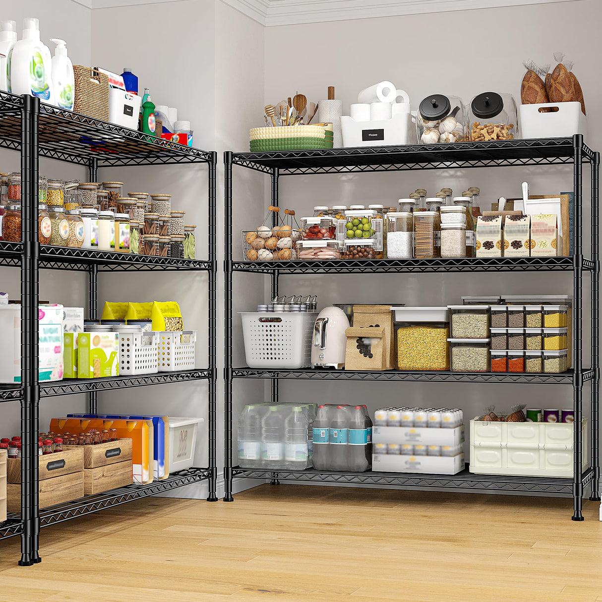 45 "W Metal Shelving Unit 4 Tier Storage Shelves Adjustable Wire Shelving Metal Shelf Pantry Shelves Wire Rack Commercial Shelving for Kitchen Pantry Utility Room Garage 45 "W x 59.4 "Hx 13.5" D Black DurayLoly