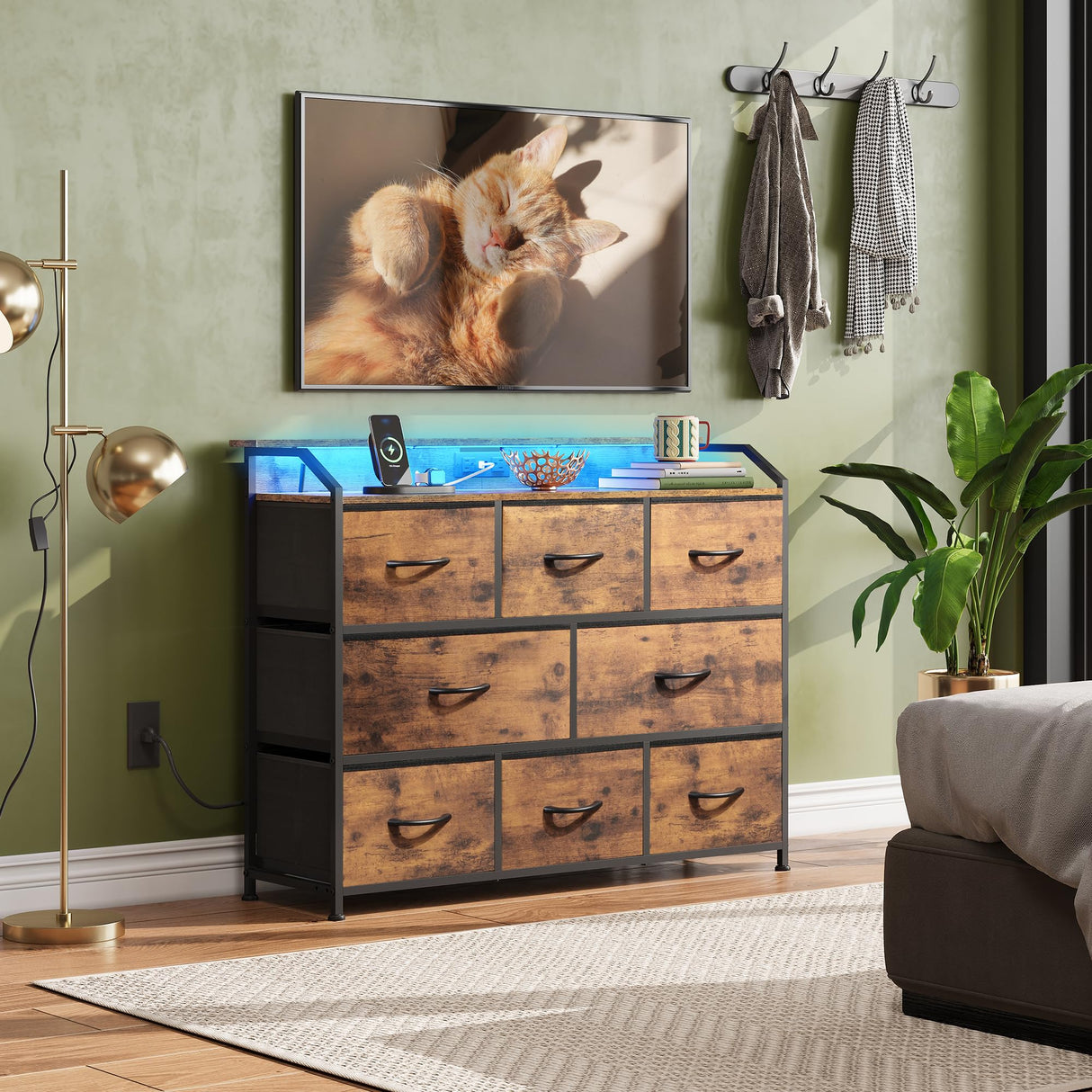 WLIVE Led Dresser for Bedroom, TV Stand for Bedroom with LED Lights and Power Outlet, Wide Chest of Drawers for Hallway, 8 Fabric Drawers for Living Room and Entryway, Rustic Brown WLIVE