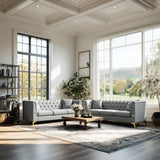 UDiaoszAM 3 Seater 82" Chesterfield Sofa, Wide and Thick Cloud Couch with Tuxedo Arm Tufted Back, Plush Velvet Fabric Sofa Comfy Couches for Living Room with Two Pillows (2, Grey) UDiaoszAM