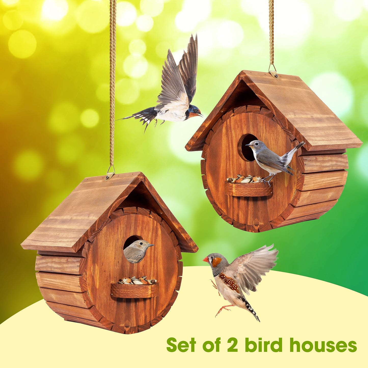 Set of 2 MIXUMON Bird Houses for Outside, Outdoor 2 Bird House Room for 2 Bird Families Bluebird Finch Cardinals Hanging Birdhouse for Garden