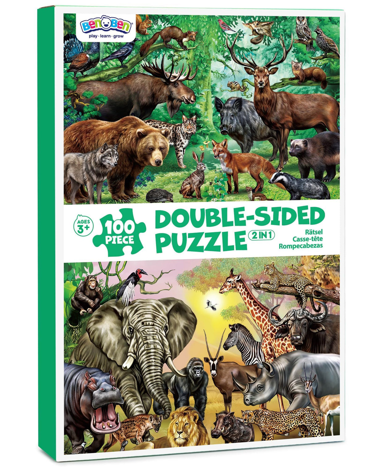 BenBen Puzzles for Kids Ages 4-6, Double Sided 100 Piece Puzzles for Kids, Wild Animals, Learning Educational Jigsaw Puzzles Toys for Boys Girls (15.75” x 11.75”) BenBen