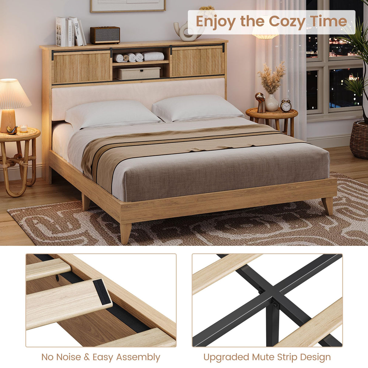 GarveeHome Rattan Bed Frame King with Shelves, Boho King Bed Frame with Shelf Headboard Sliding Door, Solid Wood Foundation with Silent Slats, No Box Spring Needed, Bohemian Wood GarveeHome