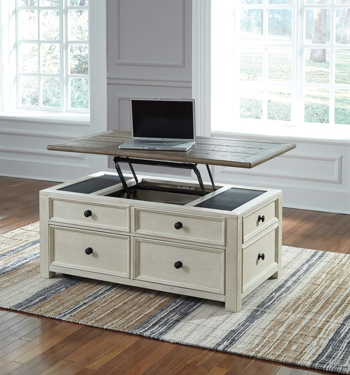 Signature Design by Ashley Bolanburg Farmhouse Lift Top Coffee Table with Drawers, Antique Cream & Brown - WoodArtSupply