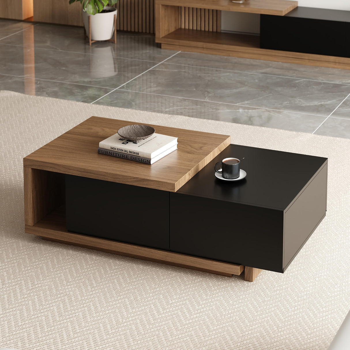 homary Extendable Coffee Table, 47"-69" Expandable Walnut Coffee Table with 2 Drawers, Modern Adjustable Center Table for Living Room & Small Spaces (Black & Walnut) homary