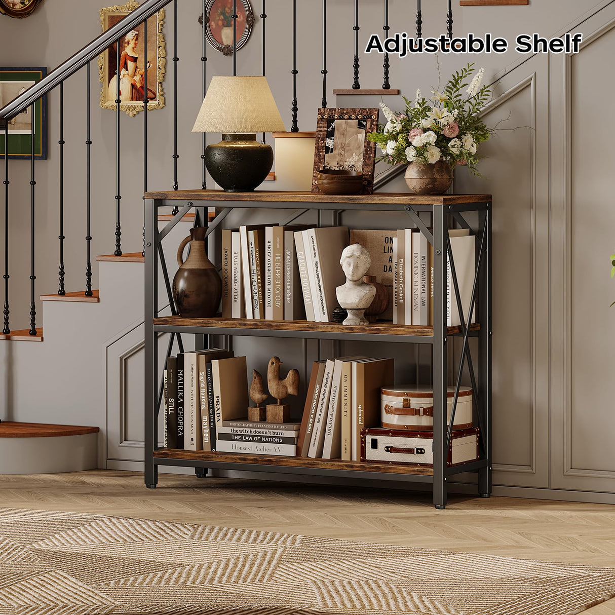 Homeiju Console Table 31.5" Width, 3-Tier Entryway Table with Storage, Industrial Sofa Table with Open Shelves, Foyer Tables for Entryway, Hallway, Kitchen, Living Room and Bedroom, Rustic Brown Homeiju