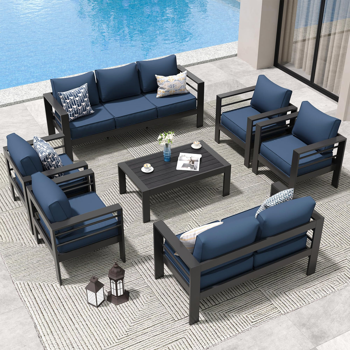 Amopatio Aluminum Patio Furniture Set, 10 Pieces Modern Patio Conversation Sets, Outdoor Sectional Metal Sofa with Coffee Table for Balcony, Garden, Dark Grey&Blue (Included Waterproof Covers) Amopatio