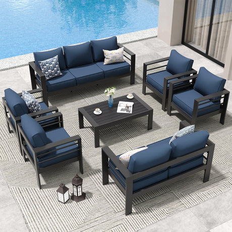 Amopatio Aluminum Patio Furniture Set, 10 Pieces Modern Patio Conversation Sets, Outdoor Sectional Metal Sofa with Coffee Table for Balcony, Garden, Dark Grey&Blue (Included Waterproof Covers) Amopatio