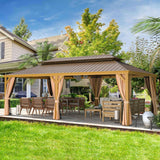 YOLENY 14'x24' Gazebo, Wooden Finish Coated Aluminum Frame Pergola with Double Galvanized Steel Hardtop Roof, Outdoor Permanent Metal Pavilion with Curtains and Nettings for Patio, Backyard and Deck YOLENY