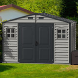 Duramax Woodside Plus 10 x 8 (8.02 m2) Plastic Garden Shed with 3 Fixed Windows & Metal Foundation Kit, Strong Metal Roof Structure Fire Retardant and Maintenance-Free Storage Shed - Dark Grey/Adobe DURAMAX