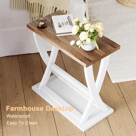ChooChoo Farmhouse End Tables Living Room Set of 2, Narrow Side Table with Storage Shelf, Modern X-Design Slim End Table for Living Room, 11.8" D*23.6" W*23.4" D ChooChoo