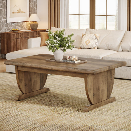 Tribesigns Rectangle Coffee Table, 48-Inch Large Wooden Low Coffee Tables for Living Room, Rustic Farmhouse Center Tea Table with Sturdy Pedestal Base, Easy Assembly, Medium Brown Tribesigns