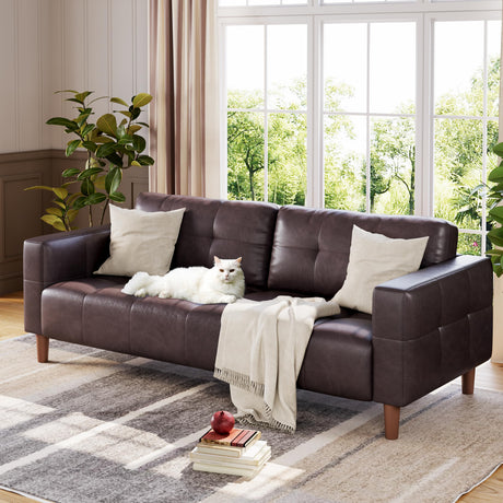 GarveeHome 3-Seater Sofa Couch, 83" Wide Faux Leather Sofa Couch with Spring Cushion, Modern Sofa with Deep Seats and 2 Removable Back Cushions, for Living Room, Bedroom, Apartment, Office, Dark Brown GarveeHome