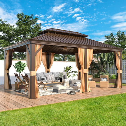 MELLCOM 12' x 18' Hardtop Gazebo,Galvanized Steel Metal Double Roof Gazebo with Curtain and Netting,Brown Permanent Pavilion Gazebo with Aluminum Frame for Patios,Gardens,Lawns