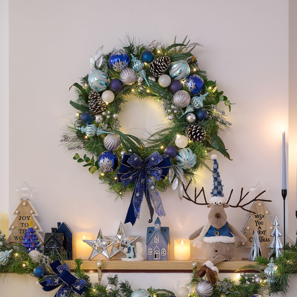 Valery Madelyn 30 Inch Pre-Lit Christmas Wreath for Front Door with Lights, Large Lighted Christmas Wreath with Silver Blue Xmas Ball for Fireplace Window Outdoor Table Centerpiece Holiday Decoration Valery Madelyn