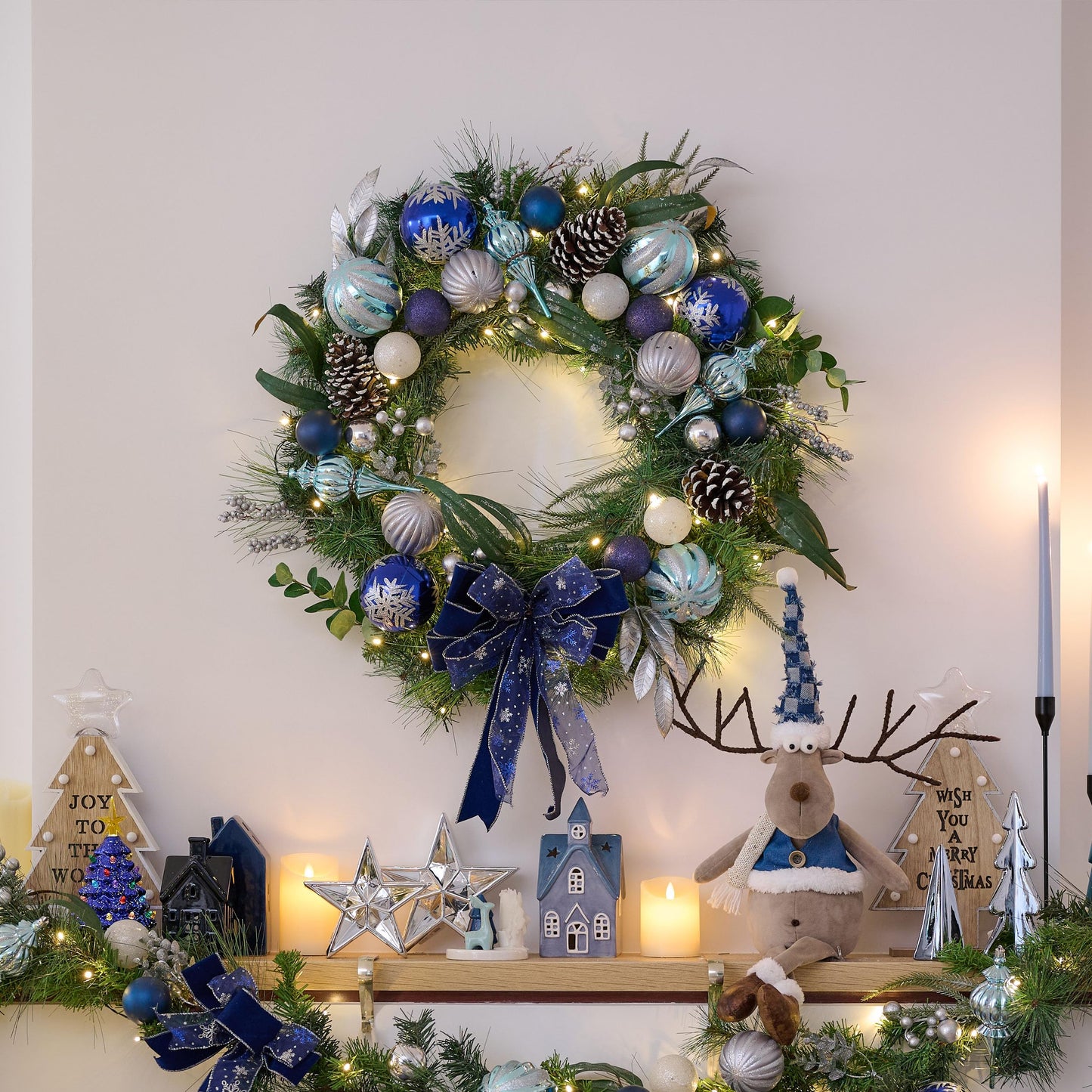 Valery Madelyn 30 Inch Pre-Lit Christmas Wreath for Front Door with Lights, Large Lighted Christmas Wreath with Silver Blue Xmas Ball for Fireplace Window Outdoor Table Centerpiece Holiday Decoration