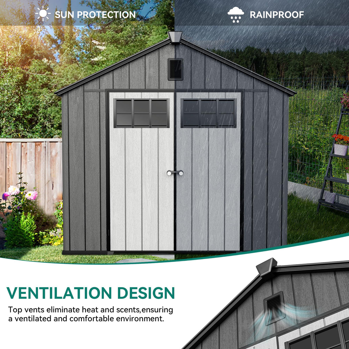 YITAHOME 8x10 FT Outdoor Storage Shed with Floor, Plastic Garden Shed for Bikes, Tools, and Pool Supplies, Outdoor Resin Shed with Lockable Doors, Windows, and Vents for Patio, Lawn, Backyard, Black YITAHOME