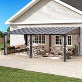 Raysfung 12 x20FT Outdoor Wall-Mounted Hardtop Gazebo, Aluminum Frame Lean to Gazebo with Polycarbonate Roof and Curtains for Patio, Garden, Deck Raysfung