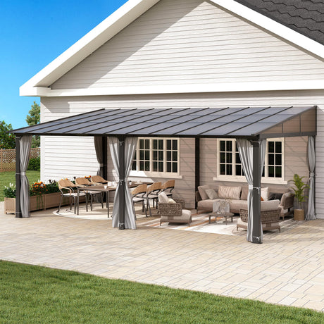 Raysfung 12 x20FT Outdoor Wall-Mounted Hardtop Gazebo, Aluminum Frame Lean to Gazebo with Polycarbonate Roof and Curtains for Patio, Garden, Deck Raysfung