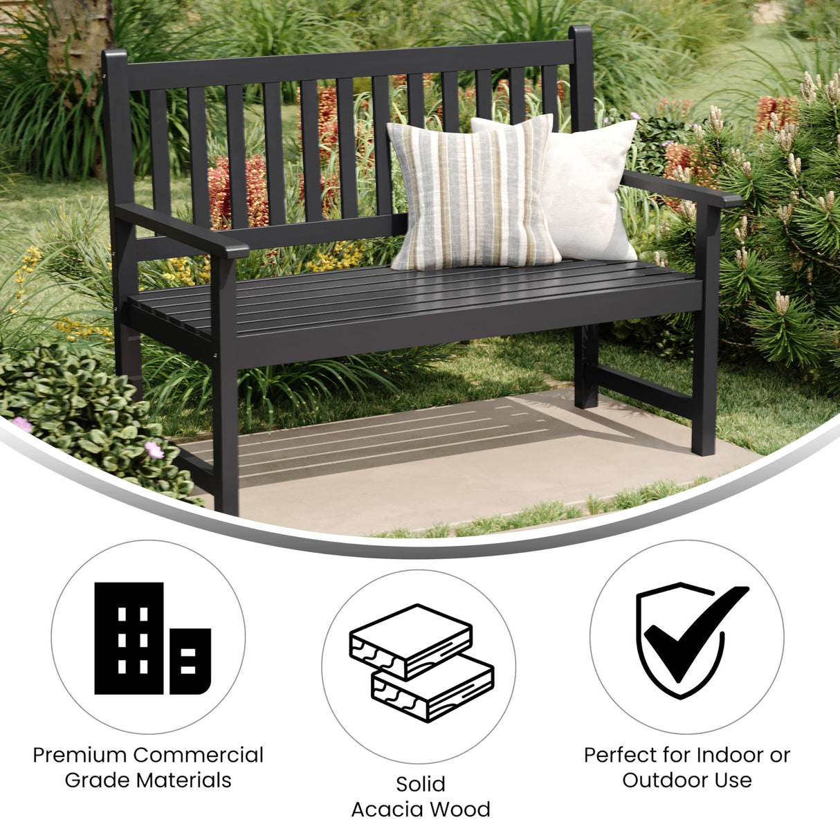 Flash Furniture Adele Commercial Indoor/Outdoor Acacia Wood Bench, 2-Person Slatted Patio Loveseat, for Use in Yard, Garden, Porch, or Park, Black Flash Furniture