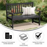 Flash Furniture Adele Commercial Indoor/Outdoor Acacia Wood Bench, 2-Person Slatted Patio Loveseat, for Use in Yard, Garden, Porch, or Park, Black Flash Furniture