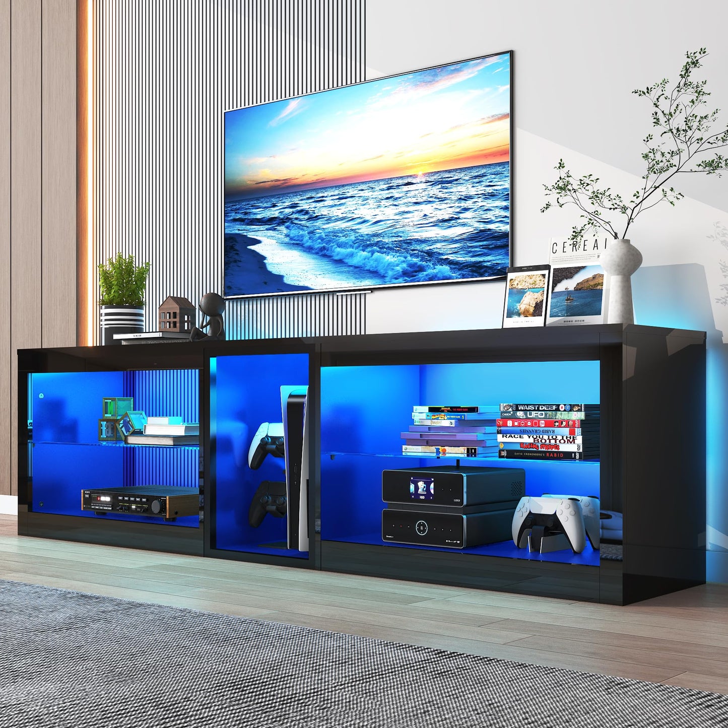 Vinctik 6&Fox High Gloss LED TV Stands w/Power Outlet,60,000-Colors Lighting for 70 75 80inch TV,Modern Black LED Entertainment Center w/Adjustable Glass Shelves for Living Room Gameroom