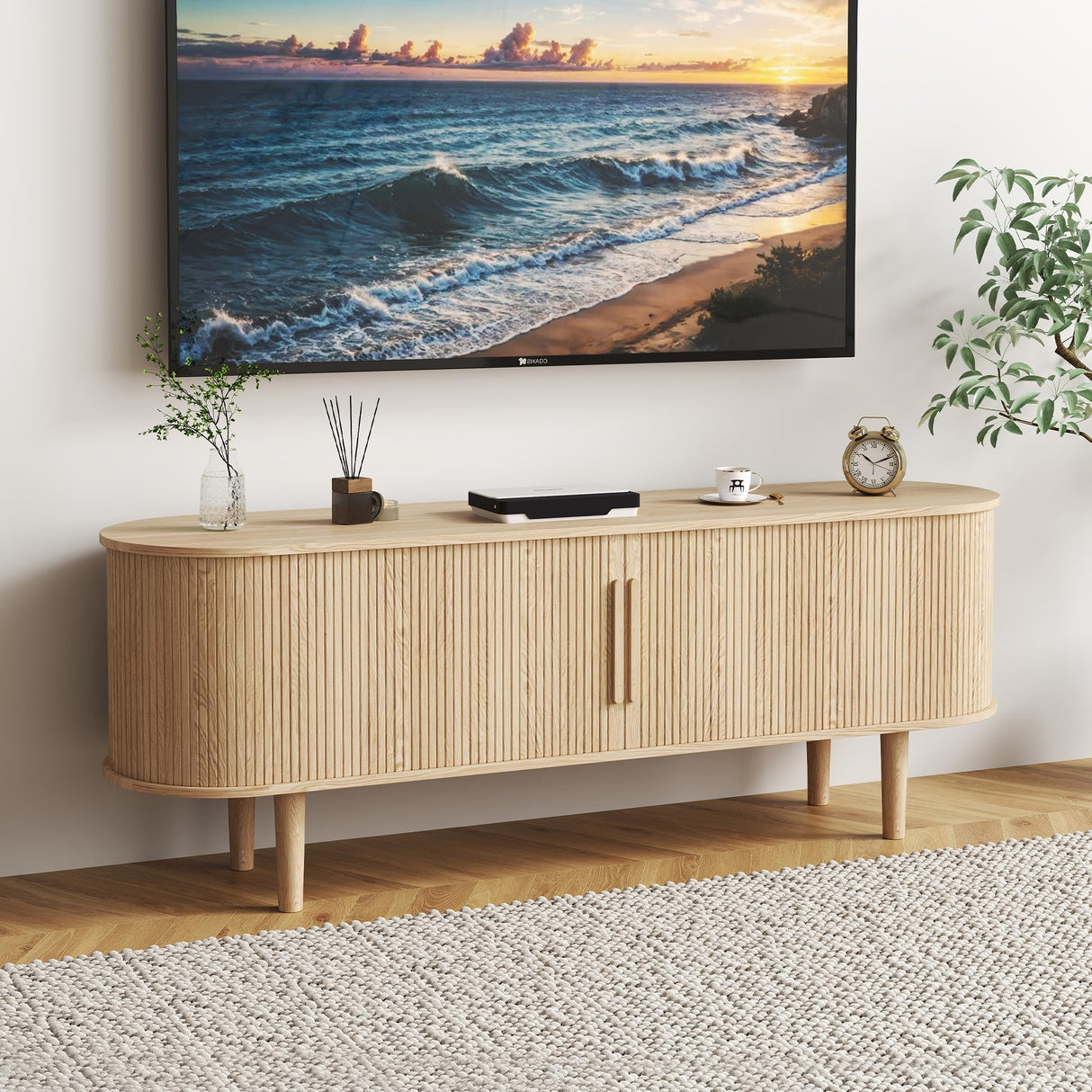 NVETHM TV Stand, Modern TV Console Table with Storage Compartment and Sliding Door, Gaming Entertainment Center with Cabinet for Living Room, Bedroom, Office (Natural) NVETHM