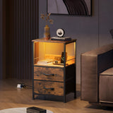 WLIVE Night Stand with Charging Station, LED Nightstand with 2 Fabric Drawers and Storage Shelf, Small Bedside Tables for Small Spaces, Dresser for Bedroom, Rustic Brown WLIVE