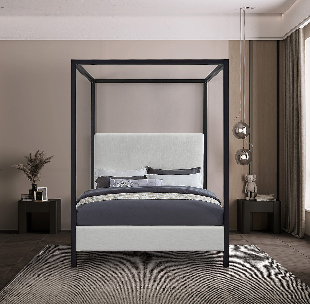 Meridian Furniture JamesBeige-K James Collection Modern | Contemporary King Bed with Cream Linen Textured Fabric, Matte Black Steel Canopy, Full Slats, 81" W x 85" D x 86" H, Cream, King Meridian Furniture