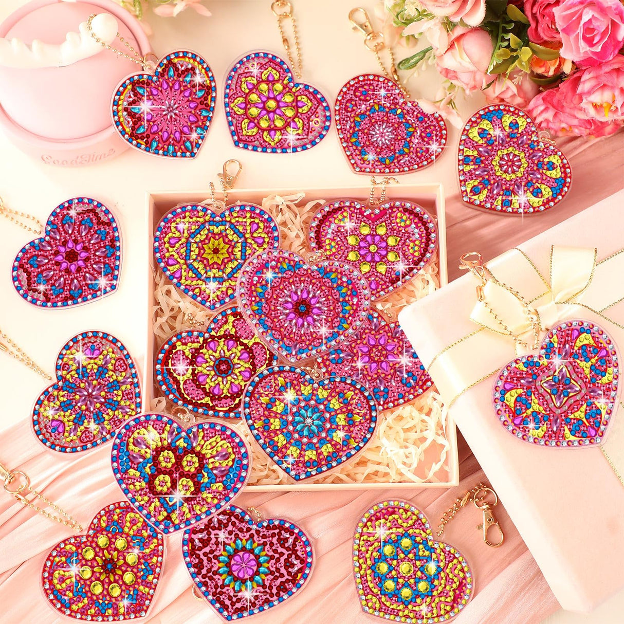 Ferreve 28 Pcs Heart Diamond Painting Keychain Kits Double Sided DIY Heart Diamond Art Keychain Ornaments for Adults Gem Key Ring Art Pendant Decor Crafts Accessories Gifts Ferreve