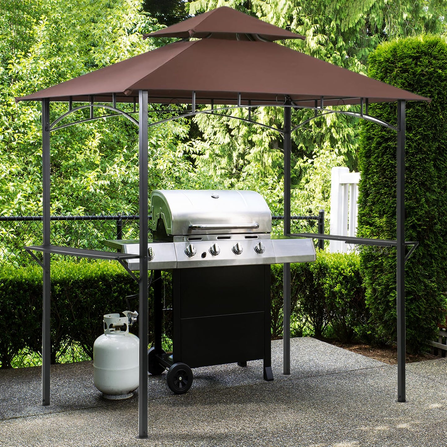 Grill Gazebo 8'×5' Barbeque Gazebo Canopy Tent Shelter with 2 Tier Hardtop BBQ Canopy for Outdoor Patio Backyard Deck, （Brown