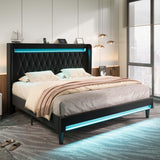 Allewie Upholstered King Size Platform Bed Frame with LED Light and Charging Station, Button Tufted High Headboard, Wingback Design, Noise Free, Easy Assembly, No Box Spring Needed, Black Allewie