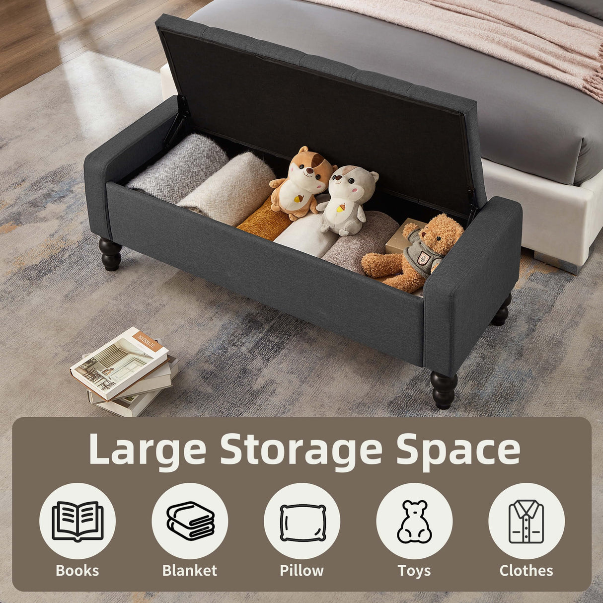 DRM‘SCUUM 50" W Storage Ottoman Bench with Safety Hinge, Load up to 660 lb Ottoman with Storage, Upholstered Tufted Entryway Bench with Seating for Living Room, Bedroom, Entryway, Dark Gray DRM‘SCUUM