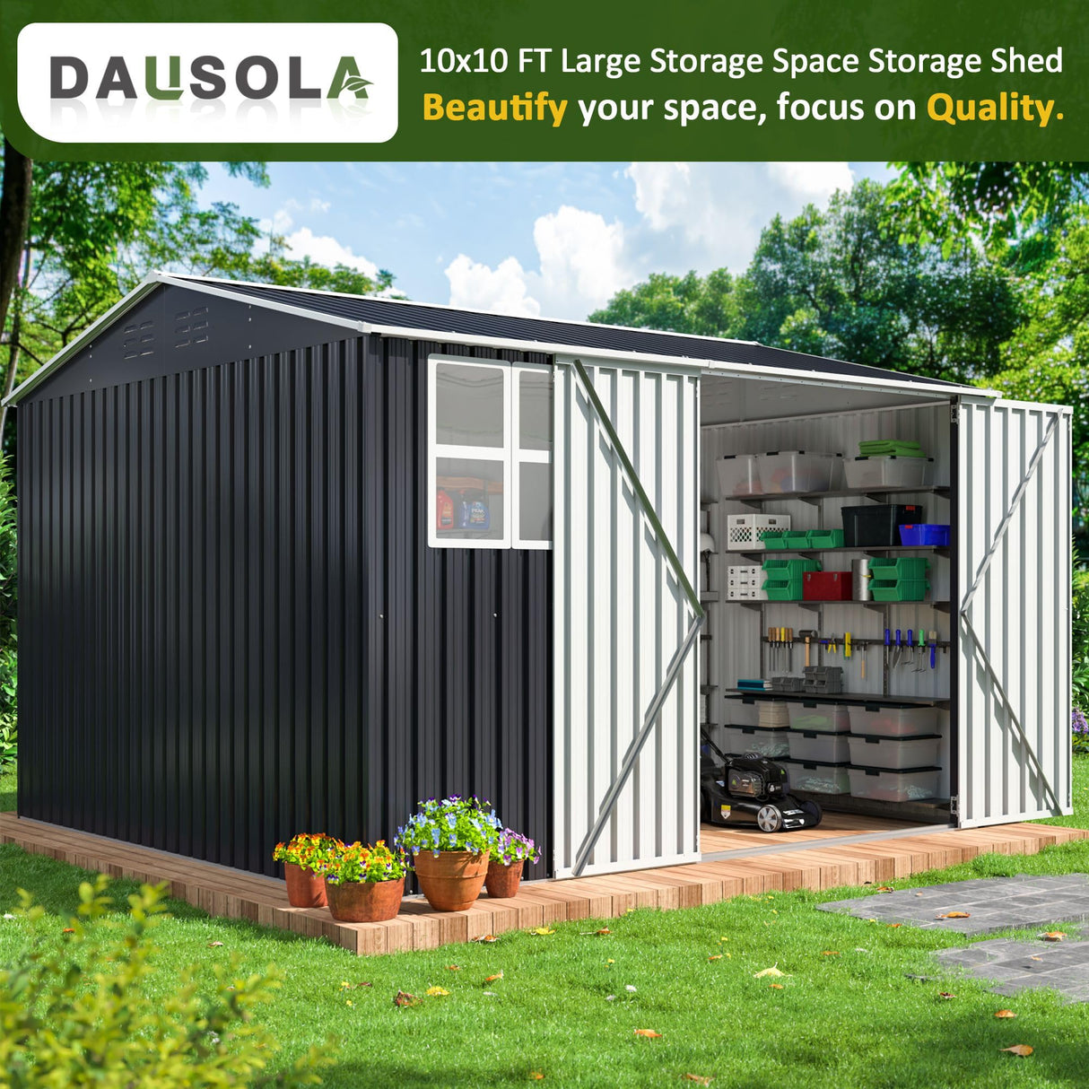 DAUSOLA 10x10 FT Outdoor Storage Shed, Metal Garden Tool Shed with Updated Frame Structure, Lockable Doors and Windows, Ideal for Backyard Garden Patio Lawn, Grey DAUSOLA
