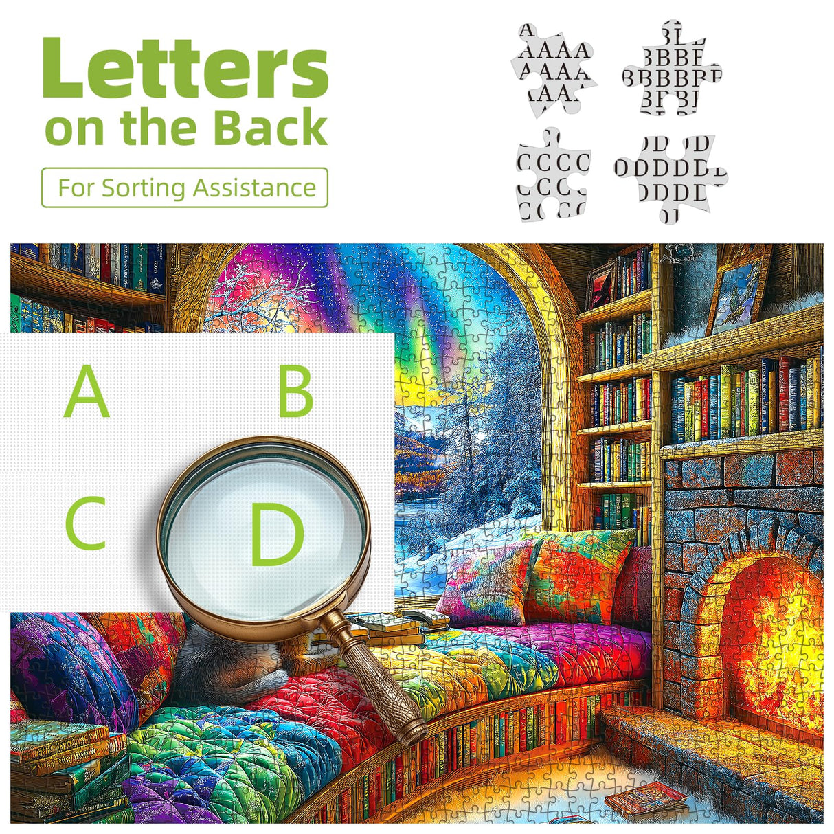 Northern Lights Landscape Jigsaw Puzzles for Adults Fantasy Fairy Cat 1000 Piece Book Room Puzzle for Adults with Letters on Back Challenging Family Puzzle Blueforest