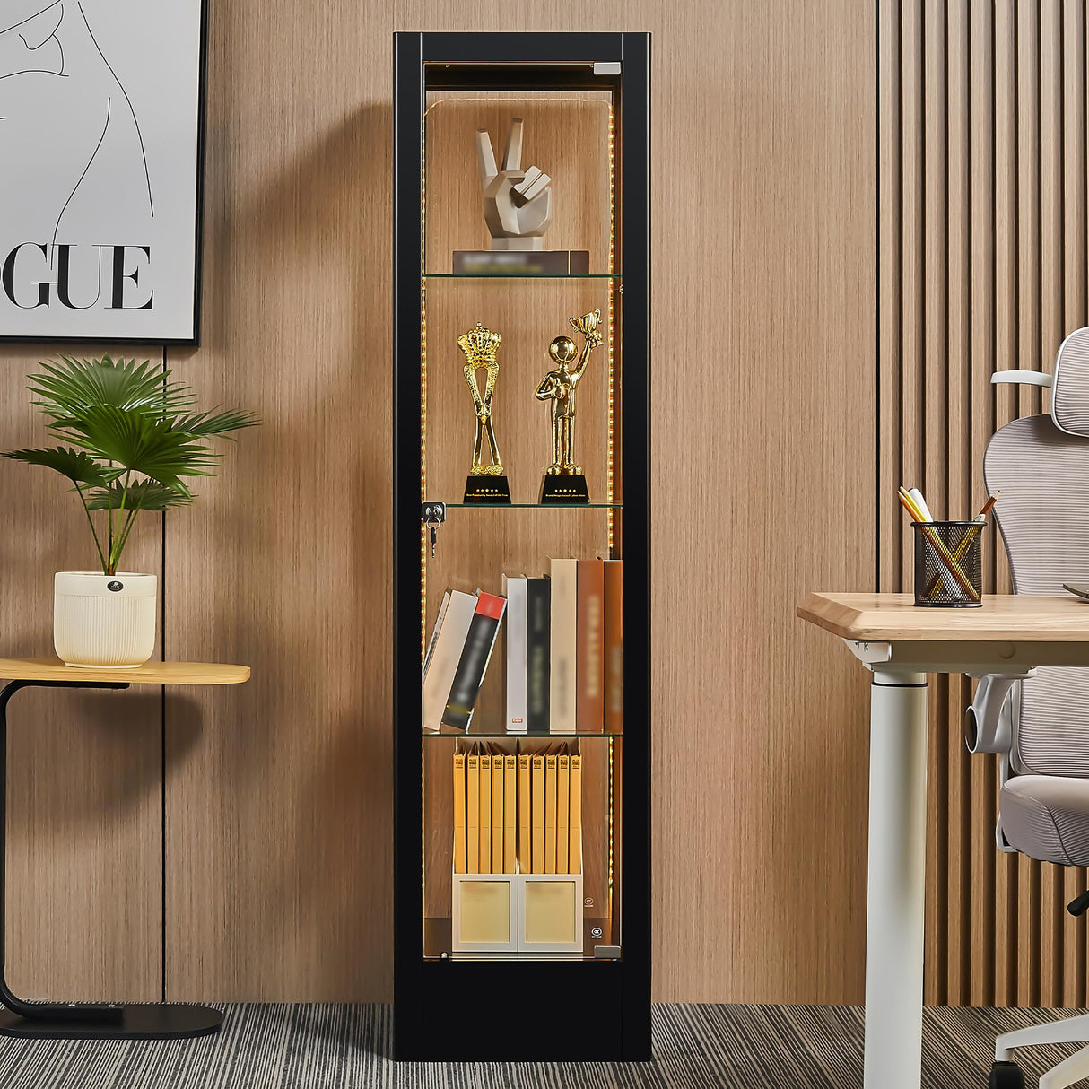 Foreate 4-Tier Glass Display Cabinet Case with 13 Colors Light & Lock, 63" Curio Cabinet with Glass Door & Adjustable Shelves, Thickened 5MM Tempered Glass Collectibles Display Case Bookshelf, Black Foreate