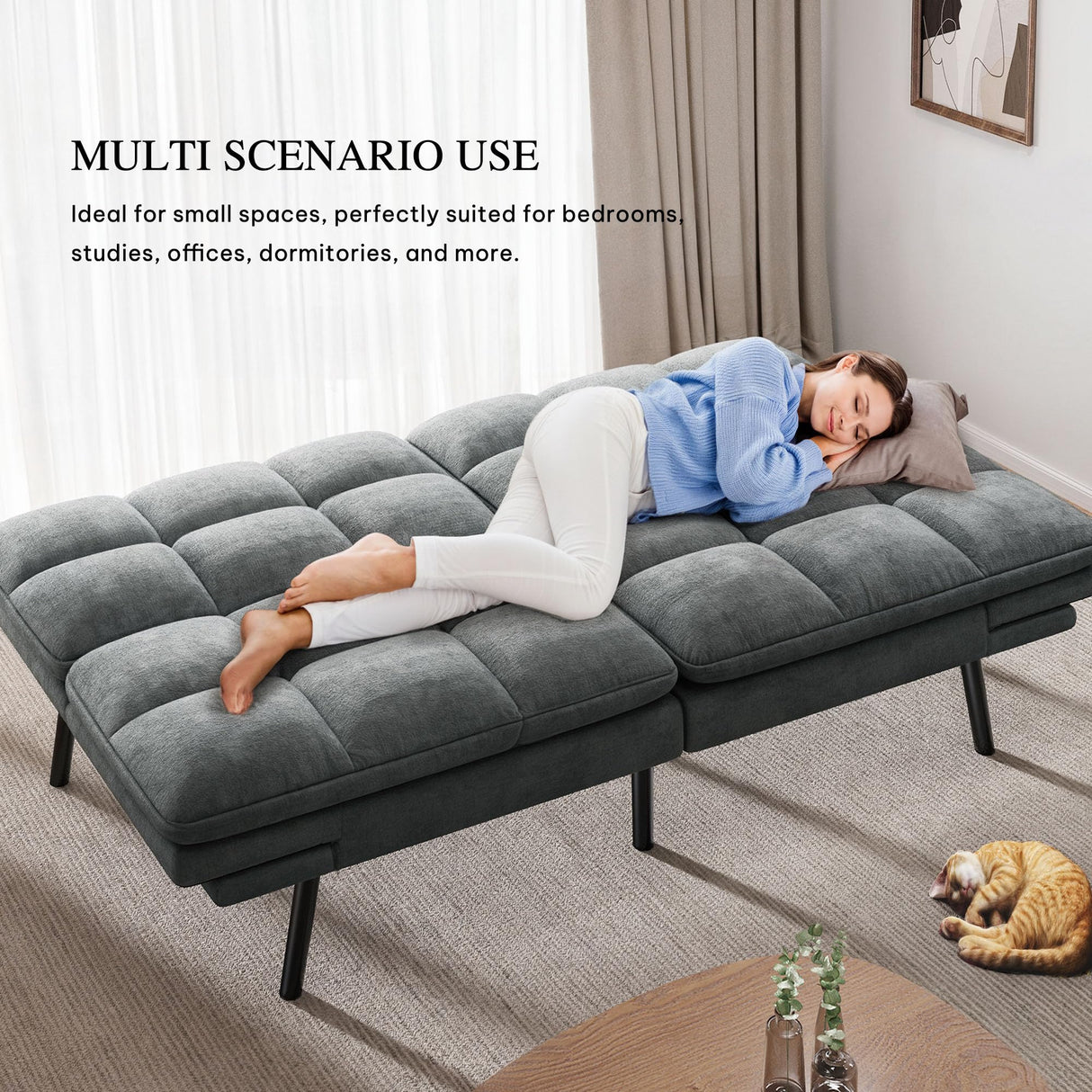 YITAHOME 70″ Convertible Futon Sofa Bed, Cat-Scratch-Proof Fabric Futon Couch with Adjustable Backrest and Armrest, Modern Loveseat Sleeper for Living Room Home Office, Dark Grey YITAHOME