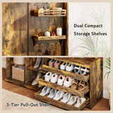 iPormis 70“ Large Hall Tree with Bench and Adjustable Storage Shelves, 6-in-1 Farmhouse Entryway Bench w/Coat Rack, Top Storage, Small Shelves for Entryway, Living Room, Led Lights, Rustic Brown iPormis