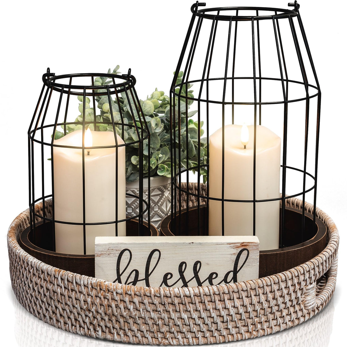 Rustic Farmhouse Lantern Decor Set of 2 - Stylish Decorative Lanterns for Your Living Room, Fireplace Mantle or Kitchen Dining Table - Modern Upscale Beauty for Your Entire Home KIBAGA