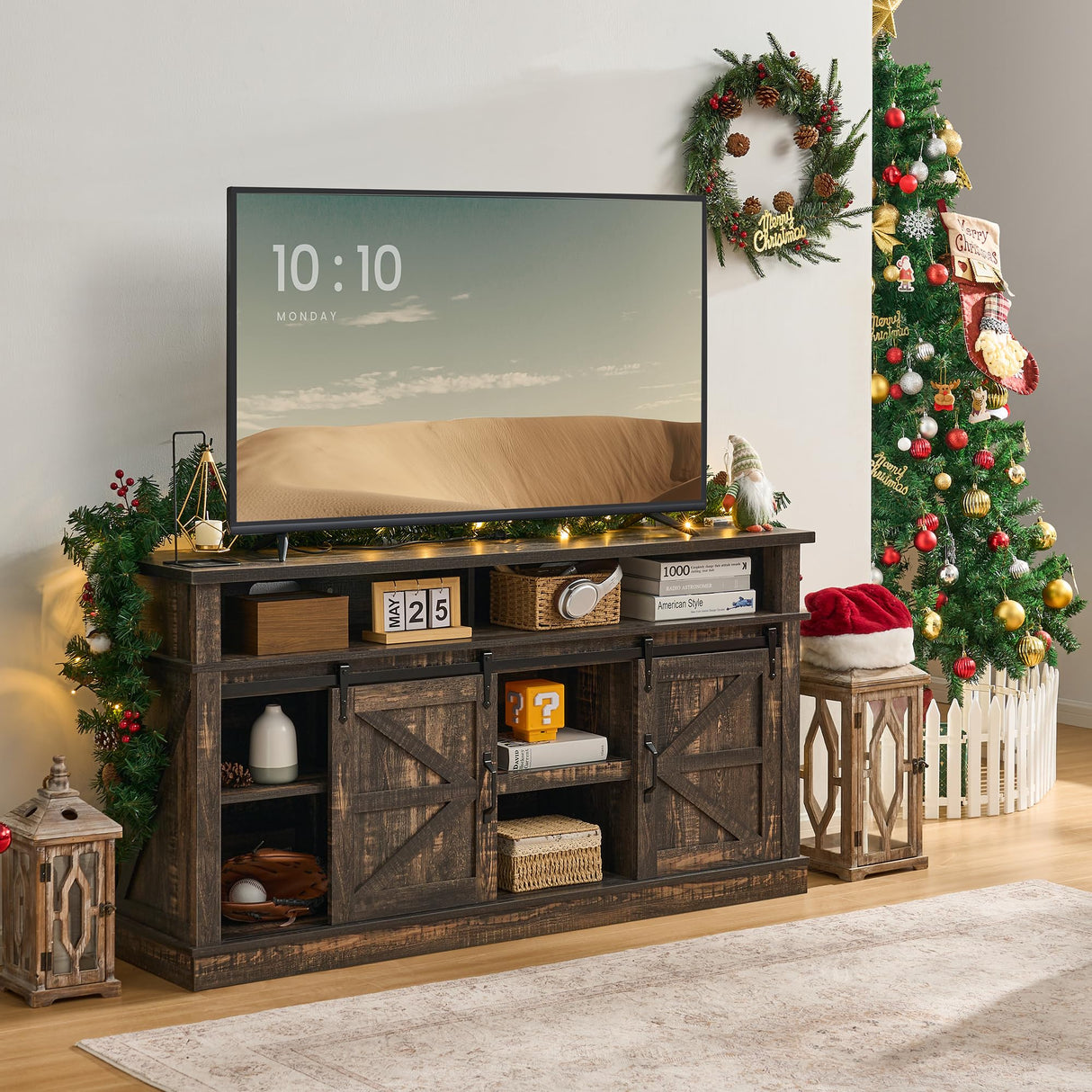 KBCLN Rustic Brown TV Stand for 65 Inch TVs, Sliding Barn Door Farmhouse Entertainment Center, Adjustable Shelves Media Console Table for Living Room KBCLN