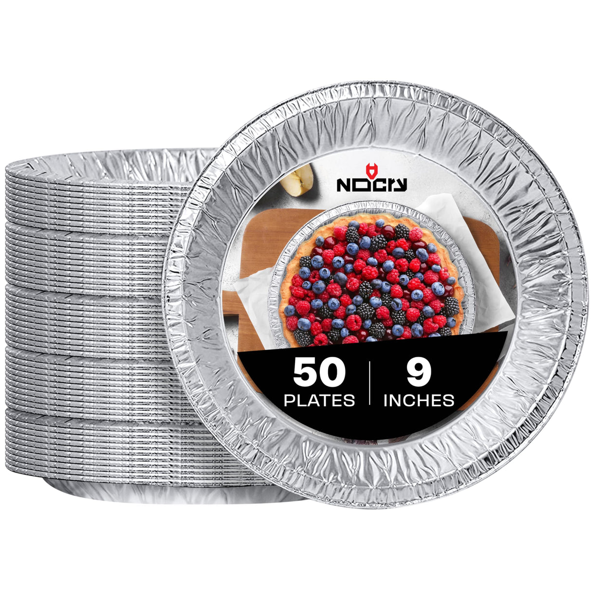 NoCry Premium Disposable Pie Pans (50 Pack) — 9 Inch Foil Aluminum Tins with Full Curl Lip for Baking Delicious Tarts or Crispy Pastry Crusts — Lightweight Yet Sturdy — Even Heat Distribution NoCry